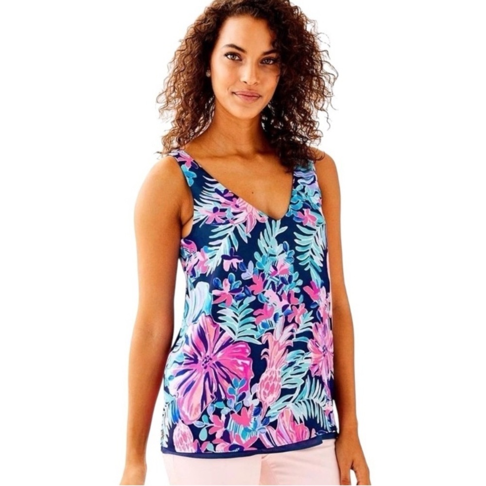 Lilly Pulitzer Reversible Florin Tank Top Preppy Tropical Floral Pink Blue S NWT